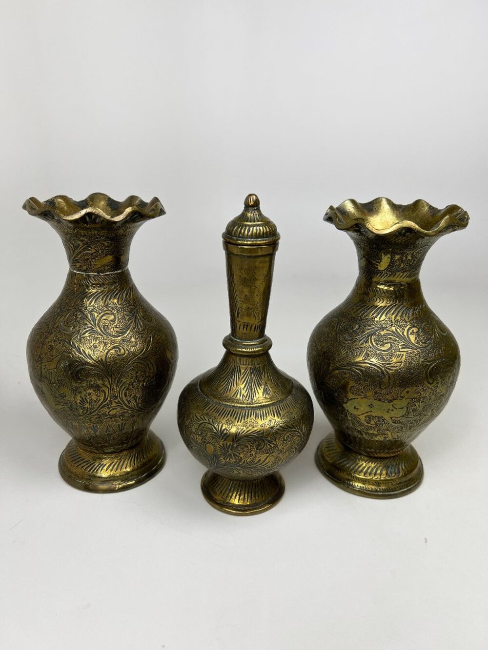BOHO 3 pieces: Brass Vase and Oil Vessel, Etched Dog & Figure, Vintage India